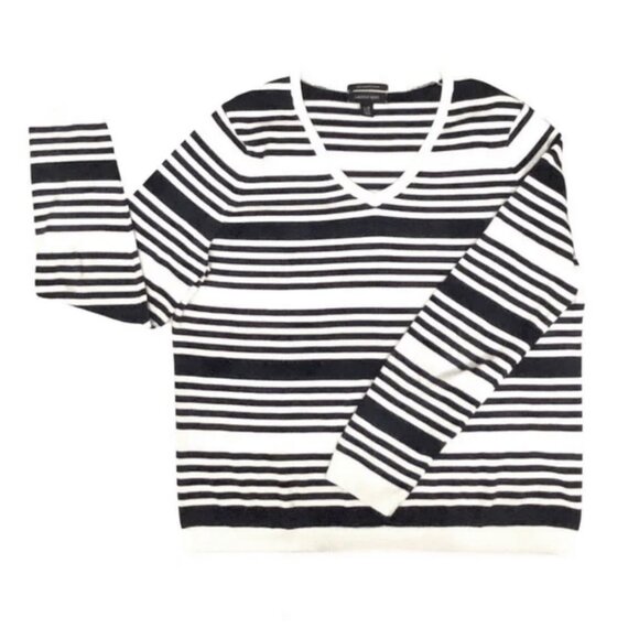 Lands' End navy & white striped v-neck pullover sweater. Women's size L (14-16) - Picture 3 of 6